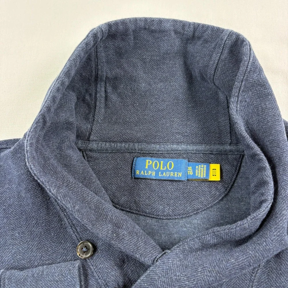 Polo Ralph Lauren Sweater Mens XL Blue Herringbone Shawl Collar Pullover Preppy